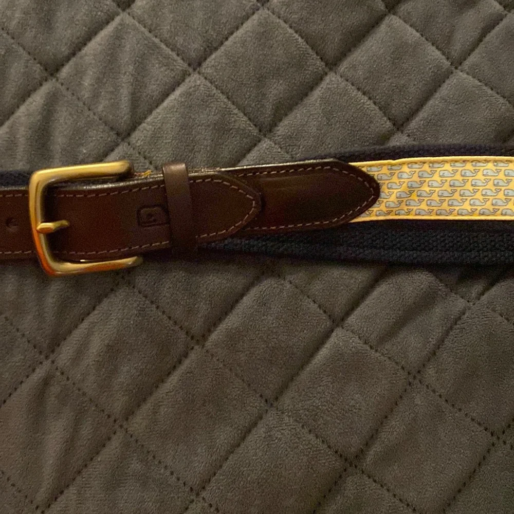 Vineyard Vines Brown Leather & Navy Woven Belt with Yellow Whale Pattern